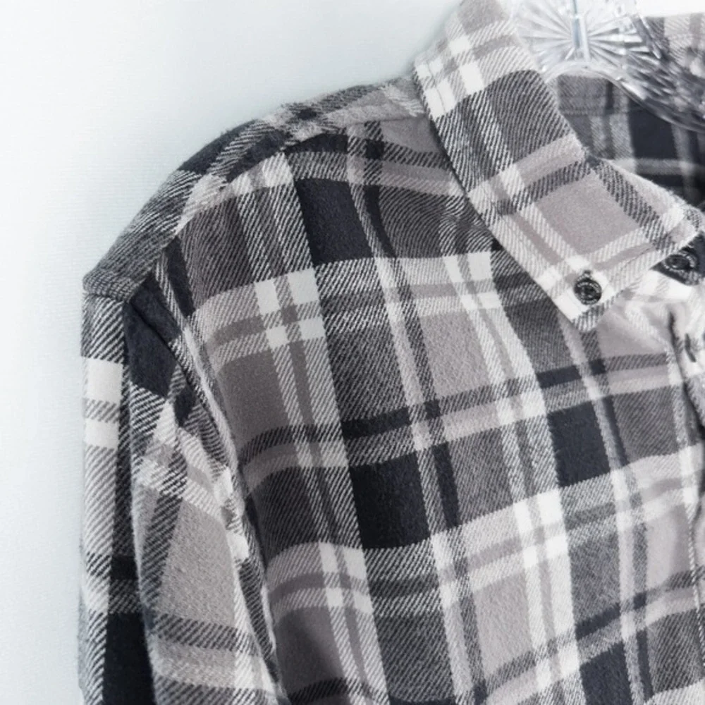 Eddie Bauer Mens Everyday Flex Flannel Plaid Button Down Shirt Large Gray Cotton